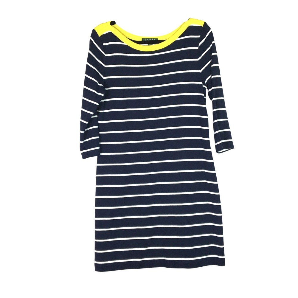 Lauren Ralph Lauren Striped‎ Knit Dress Cotton Boatneck 3/4 Sleeve